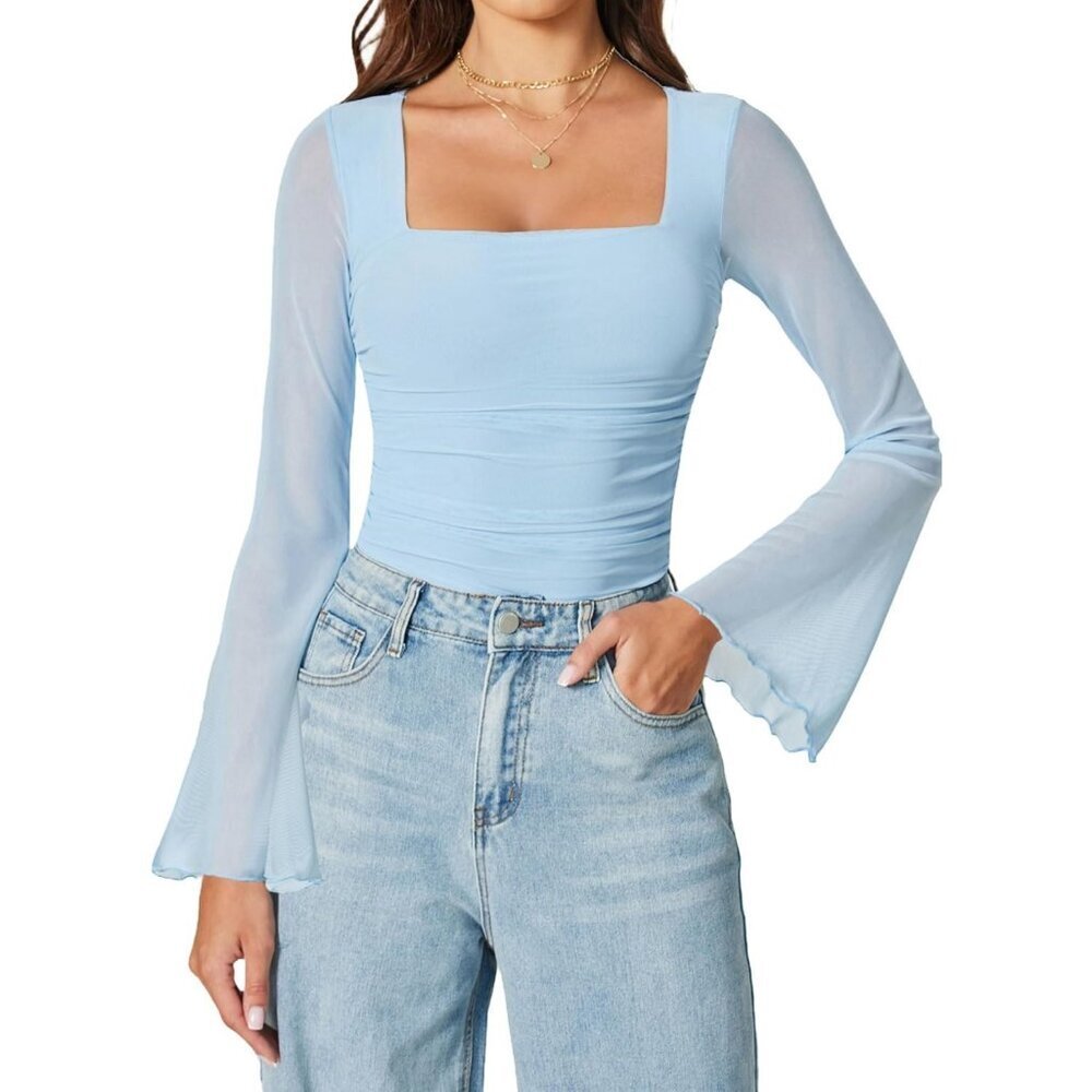 Women's Light Blue Bodysuit Long Bell Sleeve Thong Square Neck Suitable Tops